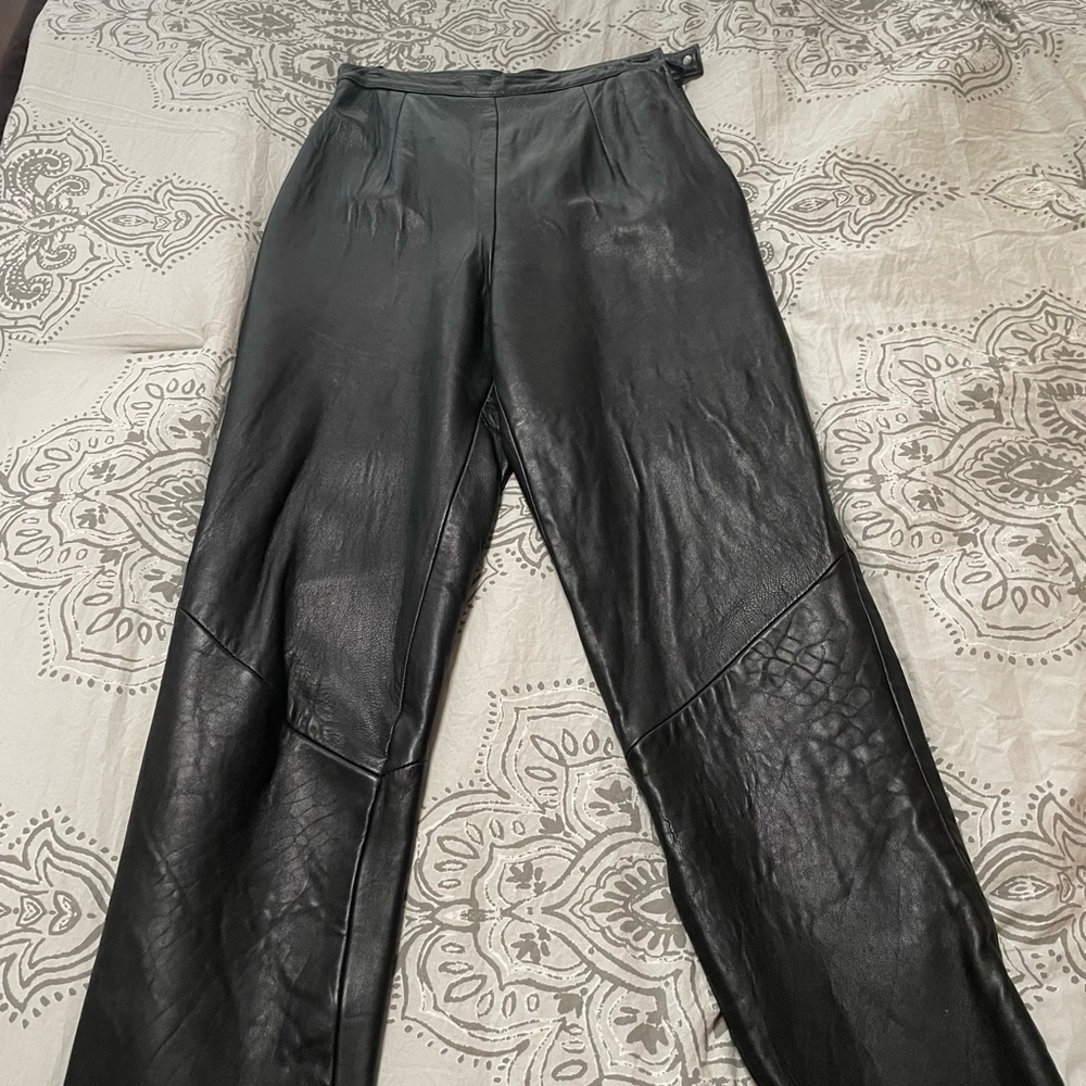 100%real leather black womens pants